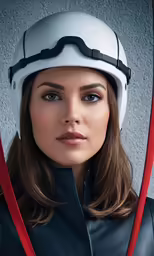 a female wearing a helmet and a red harness