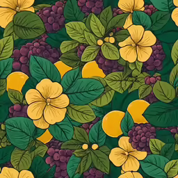 a bunch of fruit with yellow flowers and green leaves