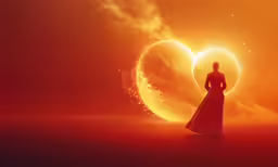 the woman is standing near two planets in the sky