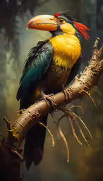 a very big pretty colorful bird on a tree branch