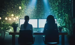 two people sit at desk in the dark and green setting