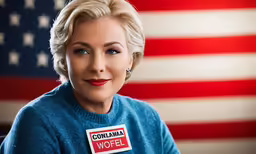 a woman with blond hair holding a red and white sign in front of an american flag