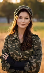 a woman in camouflage posing for a picture