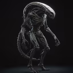 a black and white alien with a big head