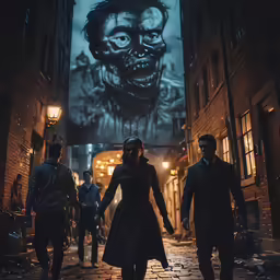 a scene of a creepy halloween town with two people walking through the alley