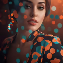 woman in dark dress with blue and orange polka dots on her neck