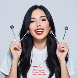 a woman in white is holding spoons up to her mouth