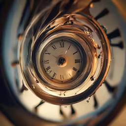 a view up looking down at a clock in a circular object