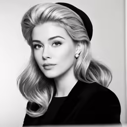 a black and white photo of a woman wearing a hat