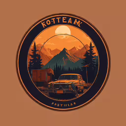 a brown circle with a yellow and black border and mountains,an illustration of a mountain with a pickup truck
