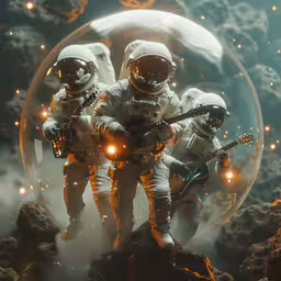 the crew in space suits are looking at each other,astronaut on an earth surface playing guitar