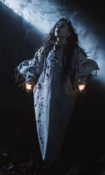 a woman with long dark hair holding two torches