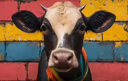 a close - up of the face and head of a bull, in front of a painted wall