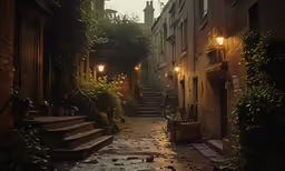 an alley with old buildings and a staircase leading to the roof