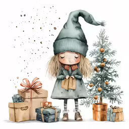 a girl with a hat and scarf by a christmas tree