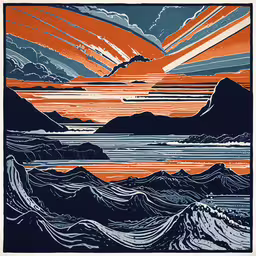 a sunset over the ocean with mountains and clouds in blue, orange, yellow, and white,a painting of a sunset over the ocean