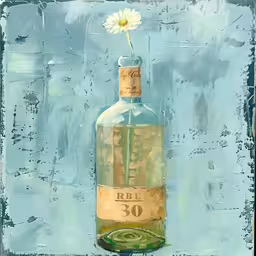 a painting with a flower in it on the top of a bottle,a bottle of wine that has a daisy in it