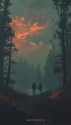 two people walking through the woods by night