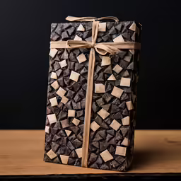 a small gift box with wooden squares wrapped around it