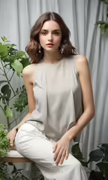the model is sitting down in white pants