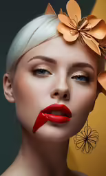 a beautiful blonde with red lips and golden flowers