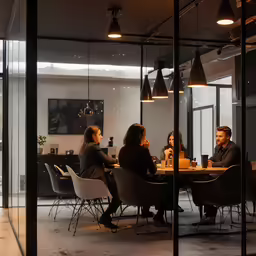 people sitting at a table working on their laptops