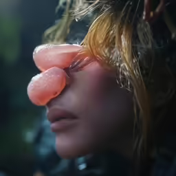 a person with long hair covers their eyes