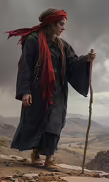 man with a long stick standing on a rock