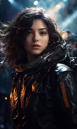 a woman with dark hair wearing a leather jacket