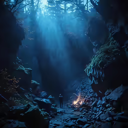 a light shines in from above the forest