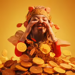 a person covering their face while standing on a pile of gold coins