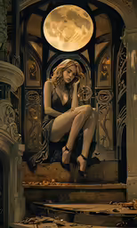 a painting of a woman sitting on steps holding a phone
