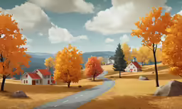 the fall landscape includes red, white and yellow trees and a road