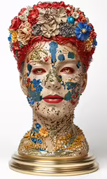 the head of a woman wearing a headdress made out of many colorful flowers