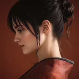 an asian woman with long hair, dressed in a brown jacket and earrings