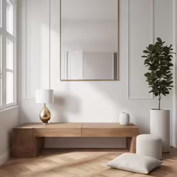 a modern living room with gold vases and a wood bench