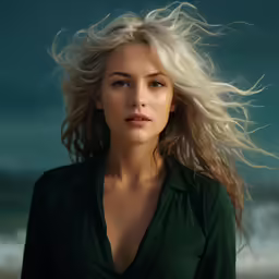 the blond woman is posing by the ocean with her hair blowing in the wind