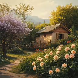 a cottage surrounded by lots of flowers next to a pathway
