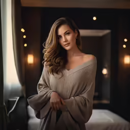 the woman is in a large gray robe and holding her arm on a black bag