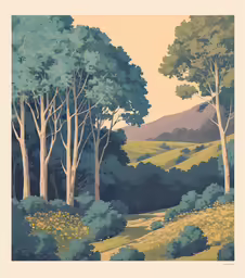 an illustration of trees and yellow and blue flowers