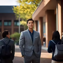 a man in a business suit standing with three people