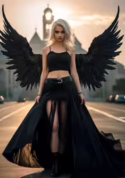 a woman with white hair and black dress wearing black wings,the young blonde has very long black wings
