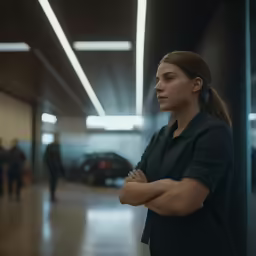 a woman standing with her arms crossed in the middle of a hallway