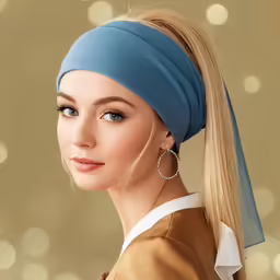 a close up of a woman with a headband and earrings