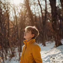 a boy in a yellow coat looking at birds flying