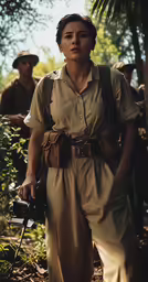 a woman with an object on her shoulder in a jungle