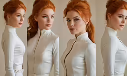 a young woman with red hair wearing a white jacket