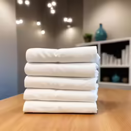 stack of white sheets at table near fireplace