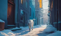 a cow walking down the street in the snow