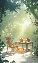 two empty chairs sitting at an outdoor table